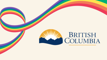 GovBC - 2023 Pride Month Government of BC logo with rainbow ribbon graphic flowing across image