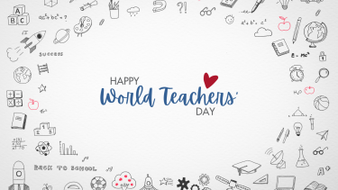 School themed graphic with text that says "Happy World Teacher's Day"