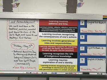 Whiteboard with writing about Indigenous Land Acknowledgement and learning for English students